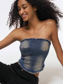Easelle Top scurt din denim rupt, stil western pentru femei, stil cowgirl vintage hippie, cu fermoar la spate și franjuri, potrivit pentru festivaluri de muzică de vară - Spălare întunecată - Vizualizare 2