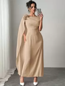 SHEIN Privé Elegant & Romantic Solid Ruffle Detail Long Sleeve Fitted Dress, Lotus Pink - Khaki - View 2