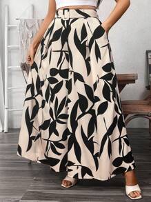 Flirla 大码女式优雅休闲宽松法式花卉印花松紧腰阔腿裤，前褶设计，适合工作和度假