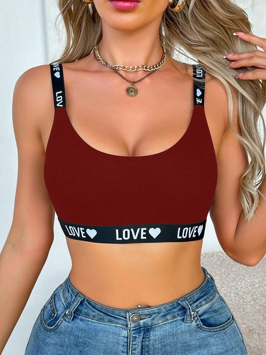 Ladies Letter & Heart Knitted Casual Bra Without Padding For Everyday Wear - Burgundy - View 1