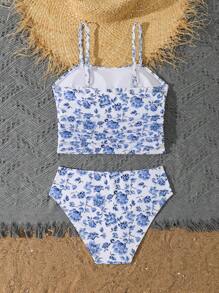 SHEIN 两件套女童泳衣，可爱青少年女孩海洋动物印花分体式沙滩泳衣，非常适合旅行、度假和夏季海滩 - 藍色 - 查看 2