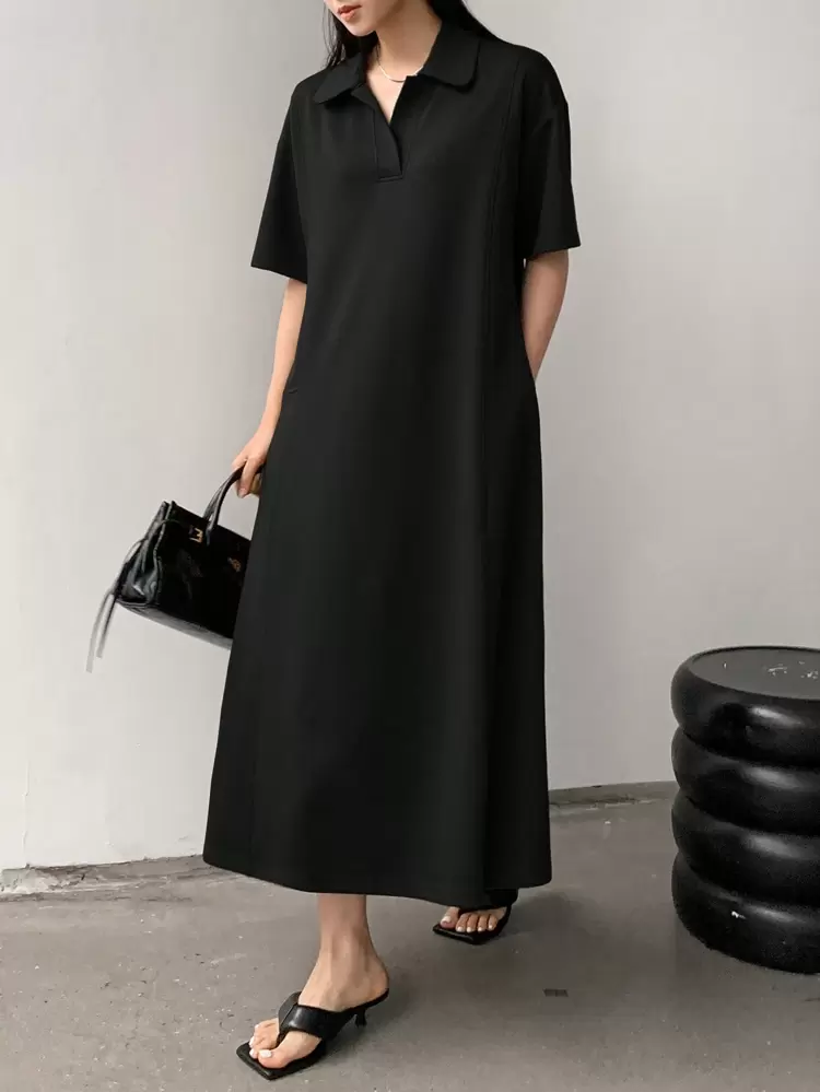 Business Casual Straight Loose Splice Turn-Down Collar Mid-Length Dress For Women Summer Old Money Style Sundress Shirt Dress, Teacher Outfits Dress