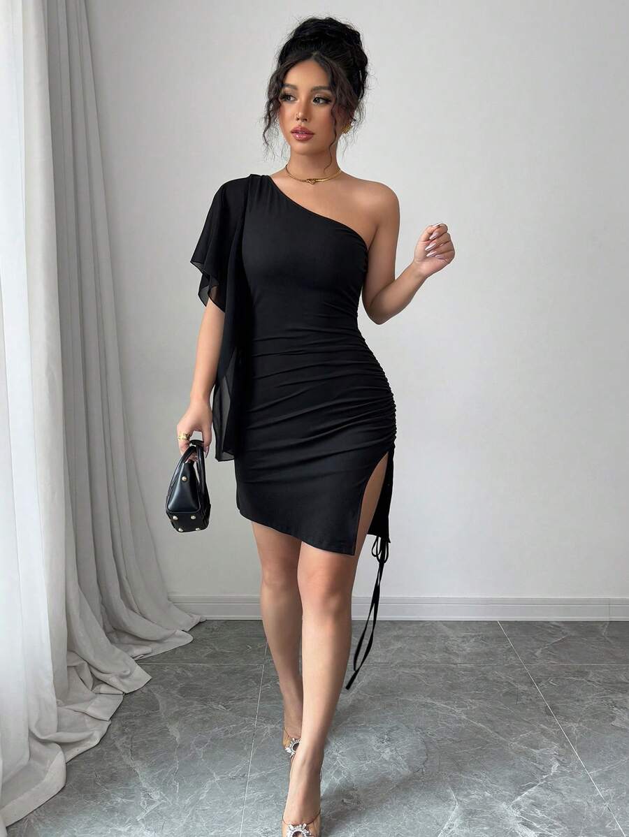 SHEIN Elenzya 女式抽绳腰侧开衩透明袖紧身连衣裙，弹性面料，合身廓形，适合节日、音乐节、春夏季 - 紅色 - 查看 1