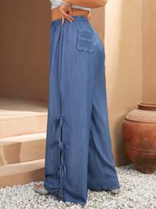 RueChic Plus Size Elegant Date-Night Bowknot Detail Hollow Pockets Solid Color Wide Leg Pants - Blue - View 2