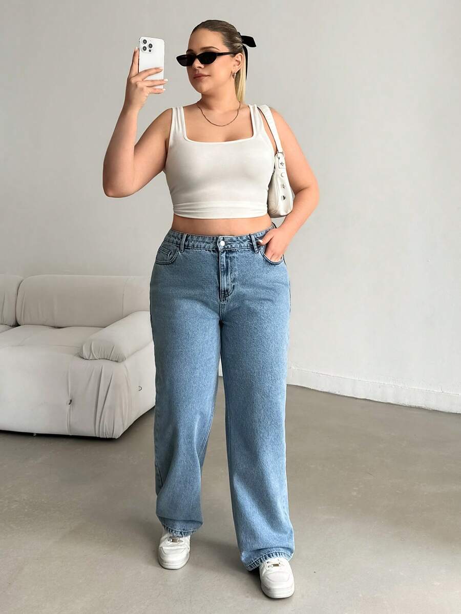 SHEIN Cottnline HIGH WAIST STRAIGHT JEAN STYLE CASUAL - Medium Wash - View 1