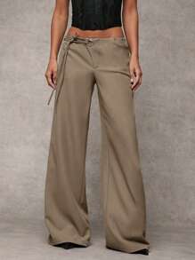 SHEIN BAE Women's Solid Gray Casual, Commuting, Daily Loose Fit Pants With Drawstring Waist & Eyelet Detail