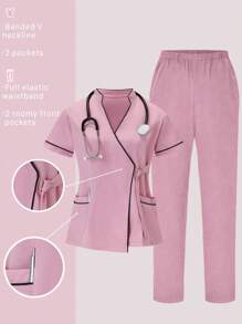 TaskEZ 2pcs Contrast Trim Casual Short Sleeve Top And Solid Color Pants Uniform Set, Scrub Sets - Pink - View 1
