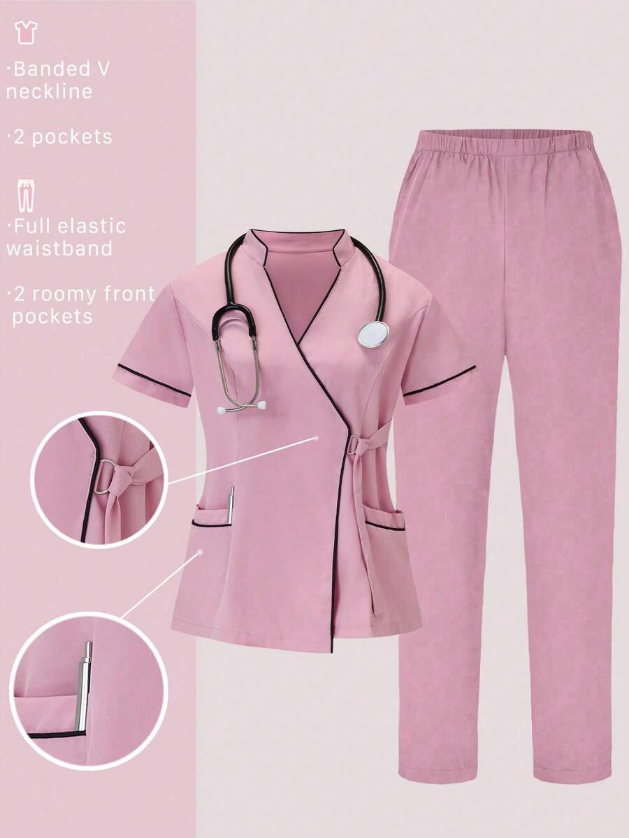 TaskEZ 2pcs Contrast Trim Casual Short Sleeve Top And Solid Color Pants Uniform Set, Scrub Sets - Pink - View 1