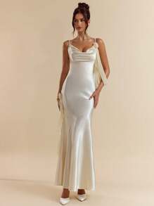SHEIN BAE Đầm dự tiệc thanh lịch hở lưng gợi cảm 3D hoa ruy băng mùa hè cho nữ - Màu be - Xem 3