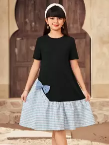 SHEIN Tween Girls Loose Casual Simplified Comfy Round Neck Pullover Patchwork Plaid Bow Decor Dress - Black - View 1
