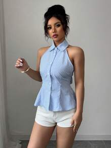 Elenzga Boho Style Backless Tie-Knot Blue & White Stripe Crop Top, Suitable For Music Festival In Spring/Summer - Blue - View 3
