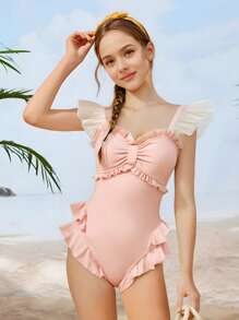 带公主风格蝴蝶结肩带的 Tween 女童连体泳衣 - 米色 - 查看 1