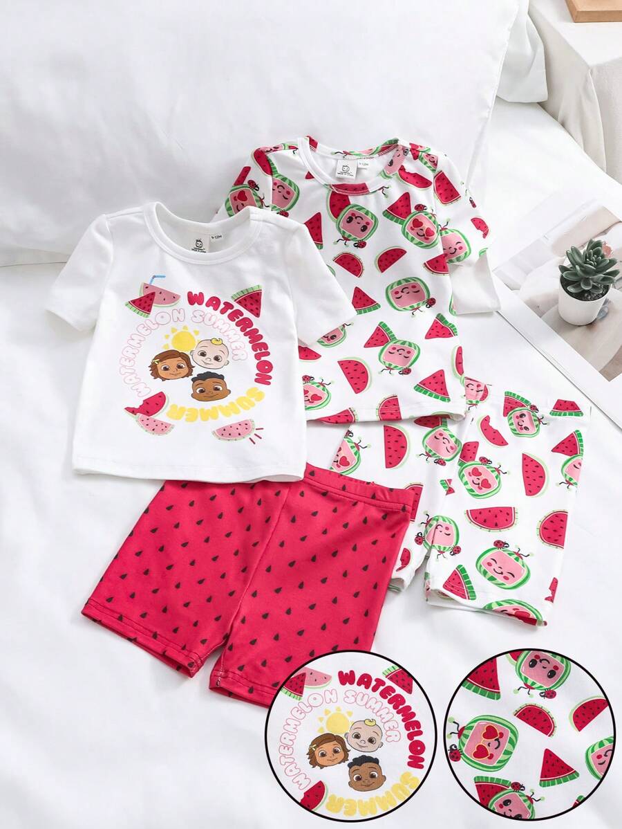 CoComelon X SHEIN Baby Girl Watermelon Graphic Snug Fit Summer Pajama Set - Red and White - View 1