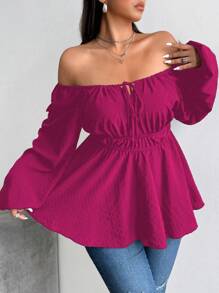Flirla Plus Size Drawstring & Elastic Waist Front Button Long Sleeve Shirt Peplum Top