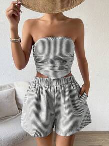 Breezaya Bộ 2 áo bandeau kẻ sọc và quần short đi nghỉ mát - Đen và trắng - Xem 3