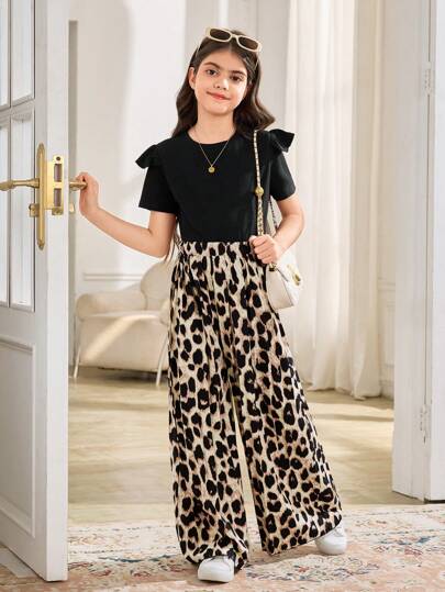 SHEIN Leap Crew Tween 女童优雅组合圆领盖袖 T 恤和阔腿豹纹裤 2 件套