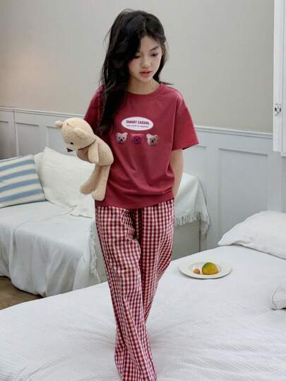 Dazy Kids 2 件套 女童圆领短袖熊印花 T 恤 + 编织格子裤，春夏