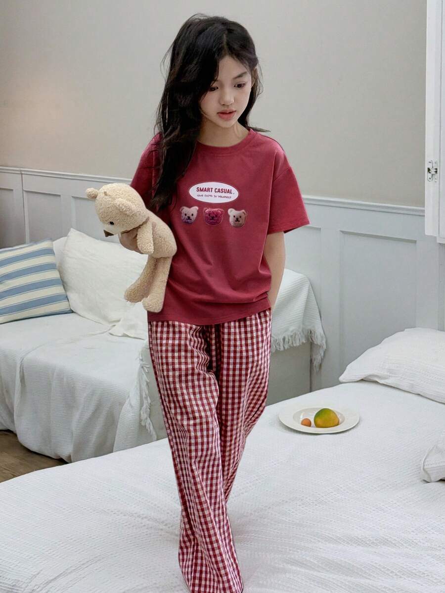 Dazy Kids 2pcs/Set Tween Girl Round Neck Short Sleeve Bear Print T-Shirt + Woven Plaid Pants, Spring/Summer - Red - View 1