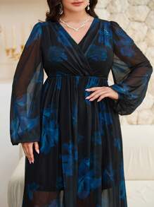 Modelyn Plus Size See-Through Floral Mesh V-Neck Long Party Dress - Multicolor - View 3