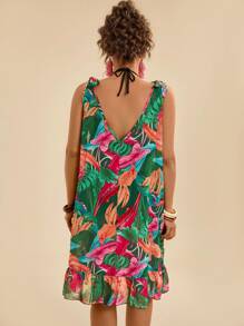 Travachic Plus Size Women Vacation Casual Tropical Plant Print Green Beach Cover Up Twist Shoulder Loose Dress, Summer Country Concert Outfit, Beach Dress, Holiday Clothes, Vacation Outfits Woman, Festival