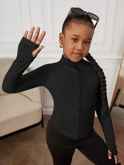 SHEIN Veste zippée à protection solaire pour les pré-adolescentes, coupe ajustée pour la course, la gym, le yoga, les sports