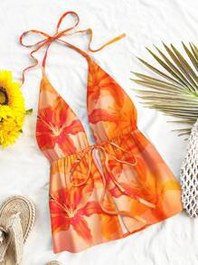 Soleia Orange Lily Tie Dye Gradient Print Backless Halter Neck Casual Tank Top, Vacation Style, Suitable For Summer - Orange - View 1