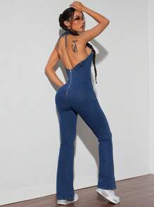 SHEIN ICON Mono vaquero con cuello de halter sin espalda ceñido para mujeres