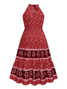 SHEIN Clasi Plus Size Ditsy Floral Halter Neck Casual Vacation Dress