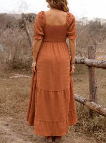 Flirla Plus Size Women Western Boho Style Hippie Holiday Casual Vacation Solid Texture Maxi Swing Dress, Spring/Summer - Coffee Brown - View 2