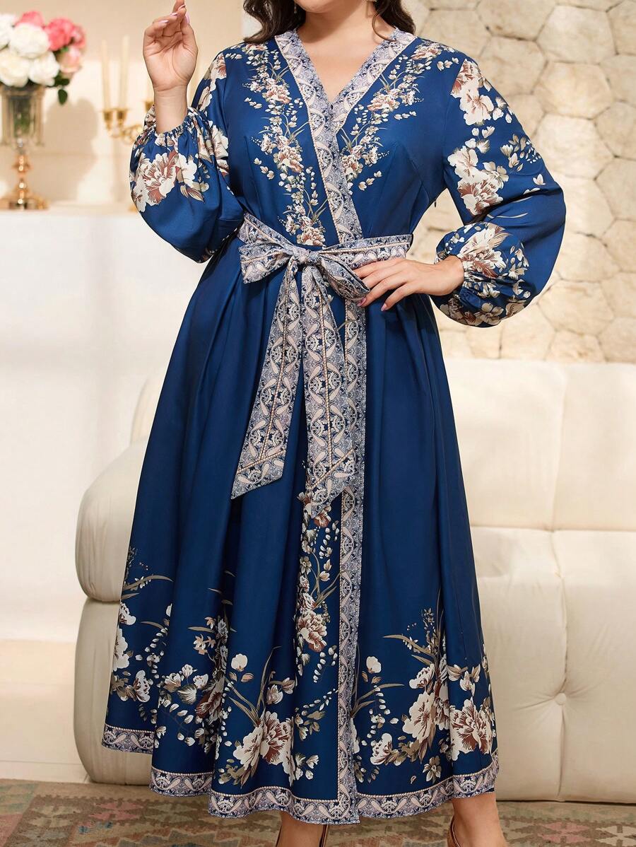 Modelyn 大码长袖系腰休闲连衣裙，夏季时尚 - 藍色 - 查看 1