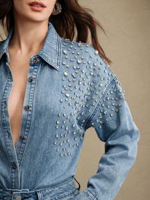 Anewsta Sparkling Party New Women's Valentine's Day/Mother's Day Heavily Embellished Diamond Denim Shirt, Blue - Blue - View 3