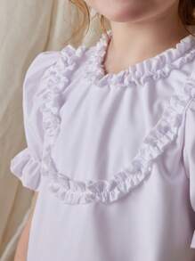 Blossori Young Girls' White Woven Shirt With Ruffled Hem, French Elegant Style For Spring/Summer - White - View 6