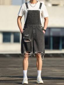 Manfinity Hypemode Men's Casual Grey Denim Ripped Short Overalls With Strap Neckline And Sleeveless Design - Grey - View 3