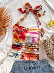 Soleia Summer For Women,Western Wear Women,Summer Tops,Crop Tops Women,Concert Women,Rave Festival,Cruise Attire Women,Birthday For Women,Going Out Tops,Vacation Woman,Tank Tops Women,Vacation Women's Colorful Tie Dye Floral Print Pleated Halter Backless Tank Top With Bowknot - Multicolor - View 8