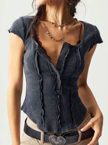 Bohemela Camiseta casual de mujer de unicolor, de cuello cuadrado, ajustada, con dobladillo asimétrico y manga corta lavada - Gris Oscuro - Ver 2