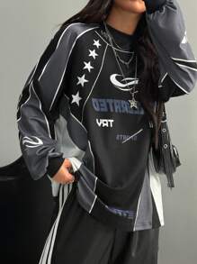 Coolane Áo thun tay dài cổ tròn in họa tiết đua xe cho nữ cỡ lớn - màu đen - Xem 4