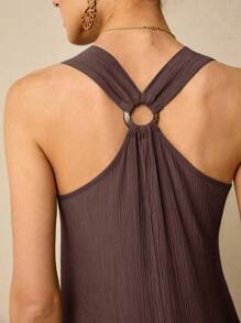 Poéselle 夏季海滩 V 领长裙 木环装饰肩带 纹理飘逸面料海滩夏季连衣裙 柔和色连衣裙长裙 夏季连衣裙 长滩连衣裙 海滩女士连衣裙 亚麻连衣裙 - 咖啡棕 - 查看 4