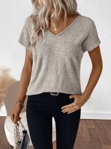Zayélia Áo thun nữ hở lưng cổ chữ V tay cánh dơi thường ngày - Màu be - Xem 7