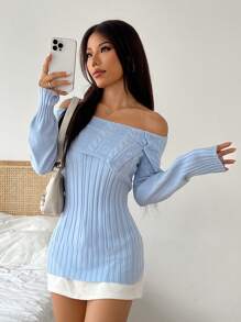 SHEIN EZwear Women's Casual Solid Color Off-Shoulder Sweater, Autumn/Winter - Blue - View 4