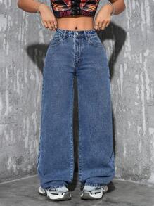 SHEIN PETITE Jeans rectos de ajuste relajado lavados de manera informal