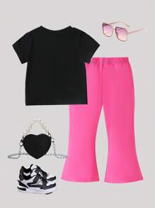 SHEIN Babymeisjes Zomer Koreaanse Stijl Casual Leuke 3D Strik Korte Mouw Gebreide Top En Zwarte Wijde Broek Set
