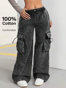 SHEIN ICON 闊腿工裝褲 - 灰色 - 查看 1