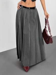 SHEIN EZwear Falda plisada de cintura baja gris de moda para ir al trabajo