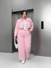 Breezaya Plus Size Casual Distressed Denim Short Jacket - Pink - View 6