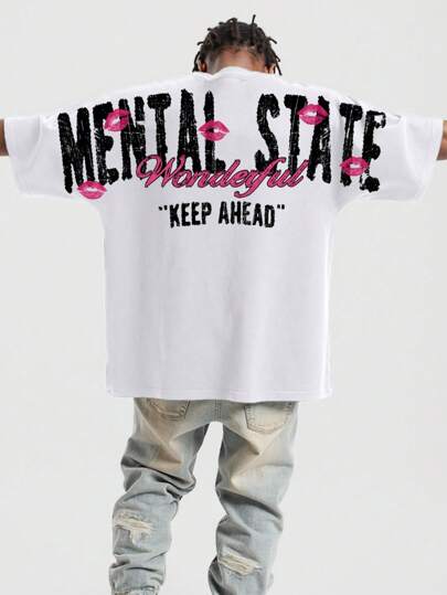 Street Life T-shirt casual à col rond et manches courtes pour homme, imprimé lèvres, pour un port quotidien