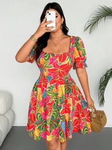 Flirla 大码女式方领泡泡袖花卉印花海滩/度假/派对可爱中长连衣裙 - 彩色 - 查看 5