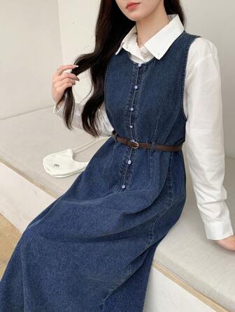 DAZY Women's Casual Washed Sleeveless Long Denim Dress,Fall Clothes