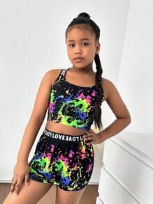 SHEIN Tween Girls Casual Round Neck Sleeveless Sports Suit, Fashionable - Black - View 5