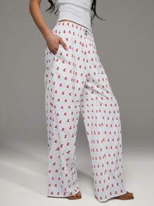 SHEIN Unity Pantaloni drepti cu imprimeu cireș cu talie reglabilă - alb - Vizualizare 7