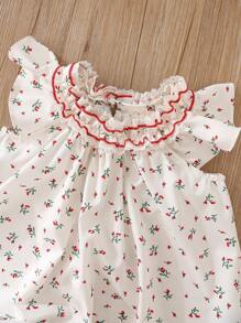 SHEIN Tween Girl' Ditsy Floral Princess Style Casual Dress, Spring/Summer Outdoor Childrenswear - Beige - View 6